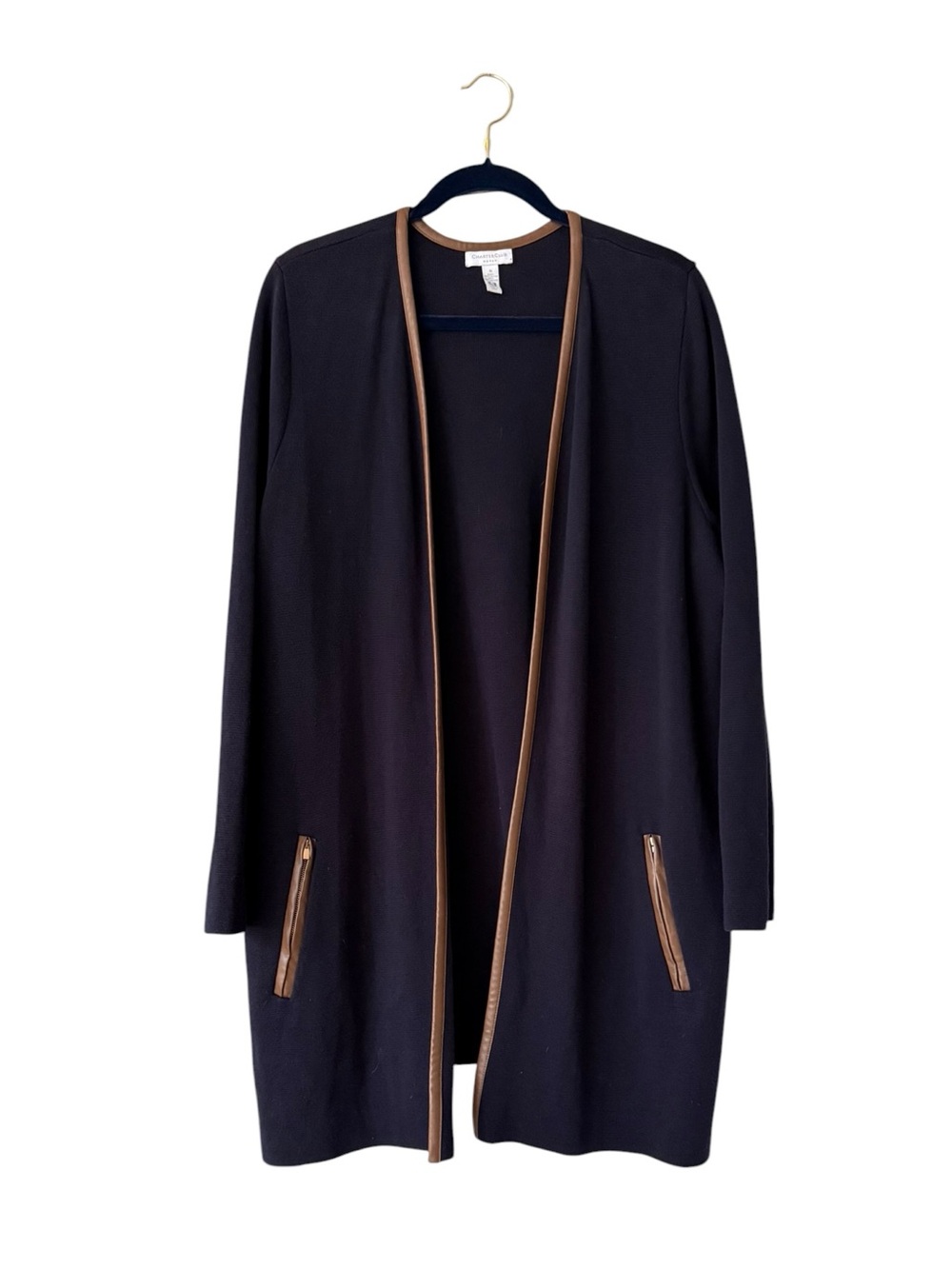Charter Club Navy Faux Leather Trim Knit Duster Cardigan Cotton Sweater Size 1X